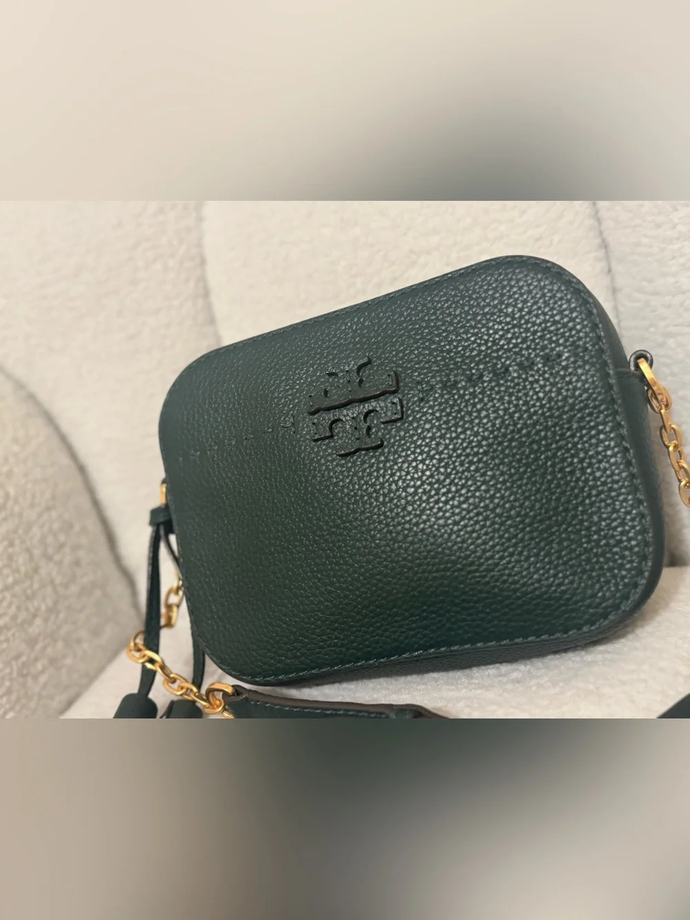 Tory Burch Dark Green Pebbled Leather Crossbody with Gold Chain
